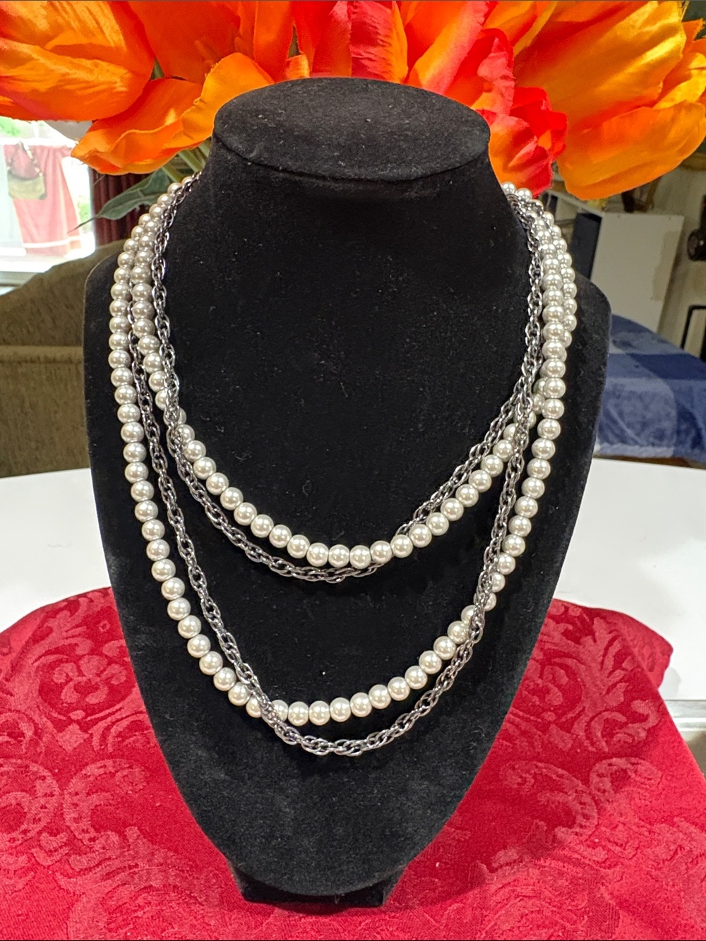 Chico’s Double-Strand Pearl & Silver Chain Necklace - White and gunmetal